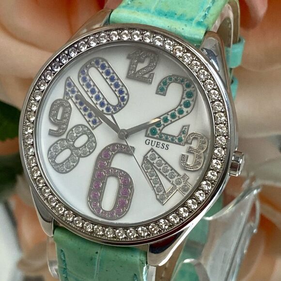 Guess Crystal Accented Bezel and Dial Large Face Watch with Leather Strap - Picture 2 of 15